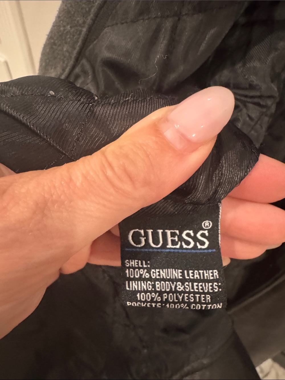GUESS Black Leather Military-Style Jacket with Gray Knit Hood - Picture 4 of 6